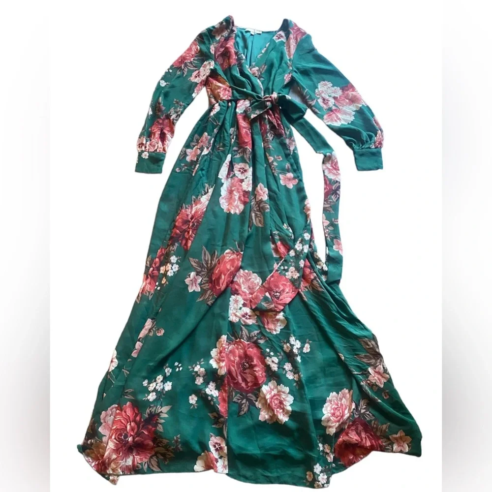 NWOT Ricarica Floral Chiffon Maxi Dress in Forest Green - Picture 1 of 9